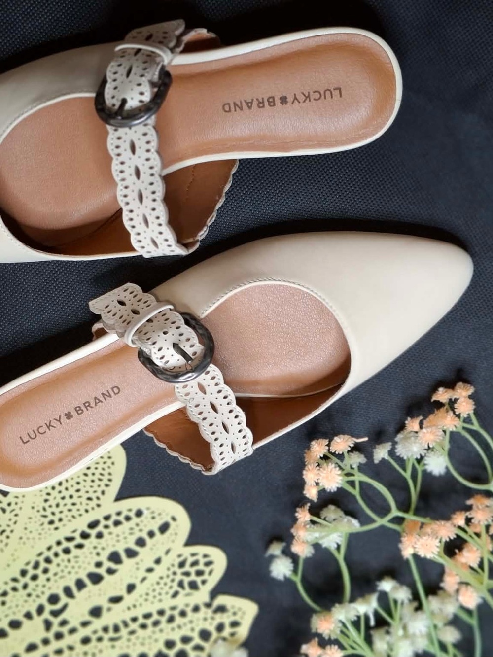 Lucky Brand Cream Pointed Slip-On Mules with Decorative Buckle